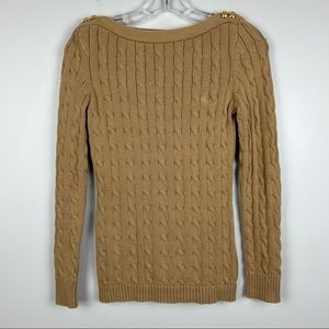 Lauren Ralph Lauren Camel Cable Knit Fisherman Sweater Small Cotton Boat Neck